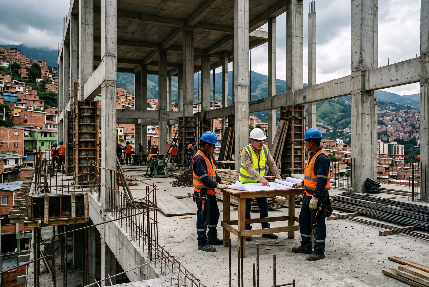 Trabajadores y supervisor revisando planos en una obra en construcción sobre las laderas de Medellín.