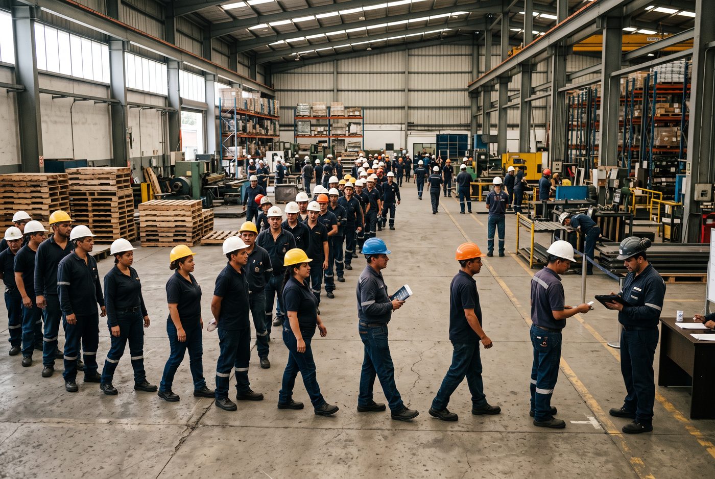 Grupo numeroso de trabajadores en proceso de vinculación dentro de una bodega industrial.
